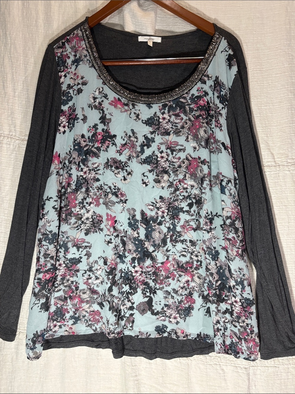 Maurices Mint Floral Scoop-Neck Long Sleeve Top w/ Charcoal Sleeves w/ Beading